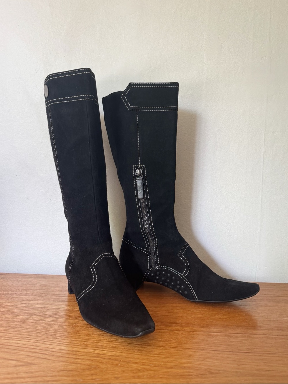 Tod's Black Suede High Boots with Contrast Stitching